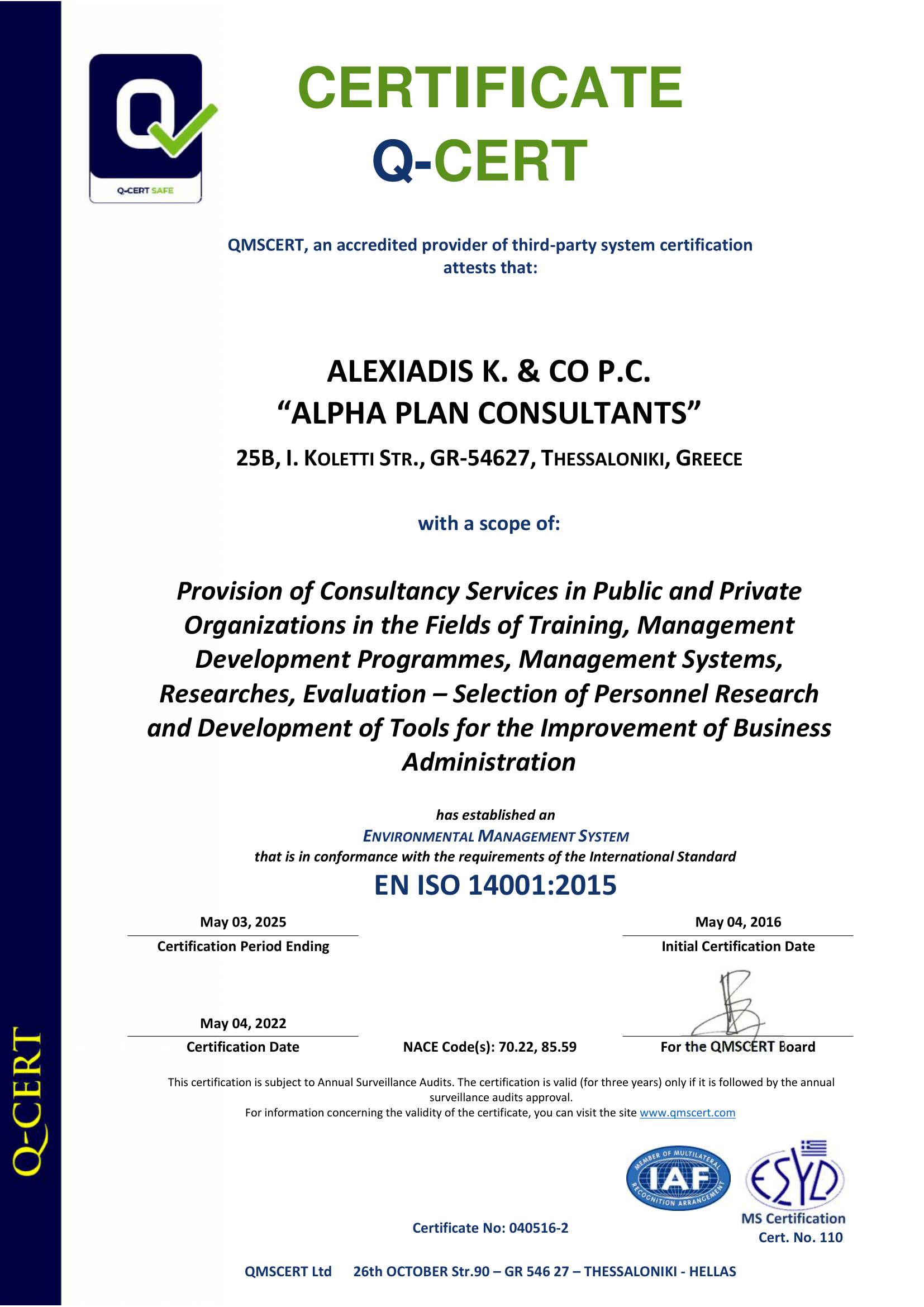Certificate ISO 14001